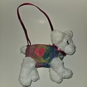 Poochie & Co White Puppy Dog Plush Bag Purse Pink Strap Glitter Hearts Blue